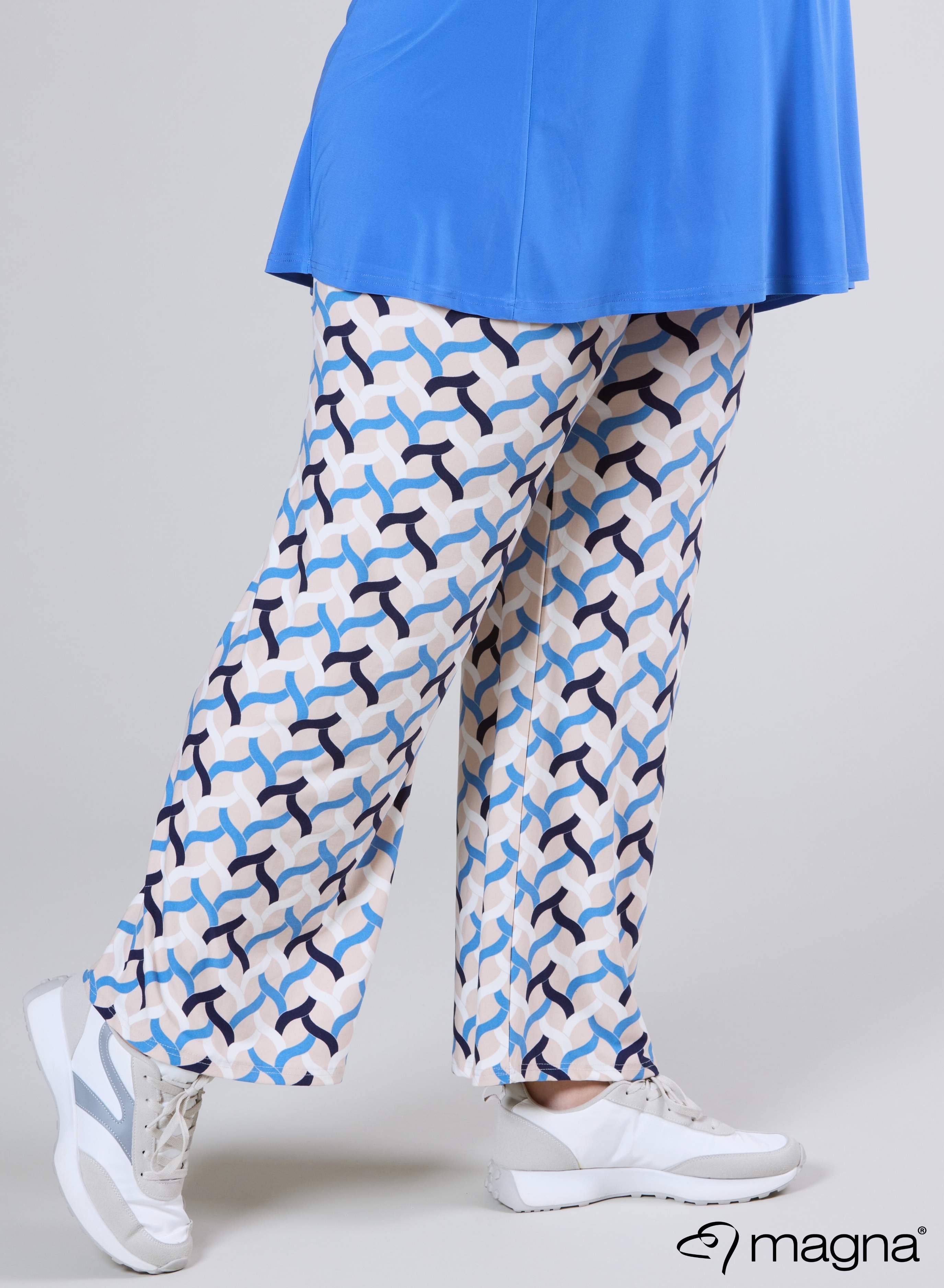 Magna Wide Leg Elastic Trouser Woven Design Blue Sand