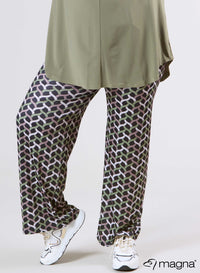 Magna Wide Leg Elastic Broek Woven Design Olijfgroen Zand