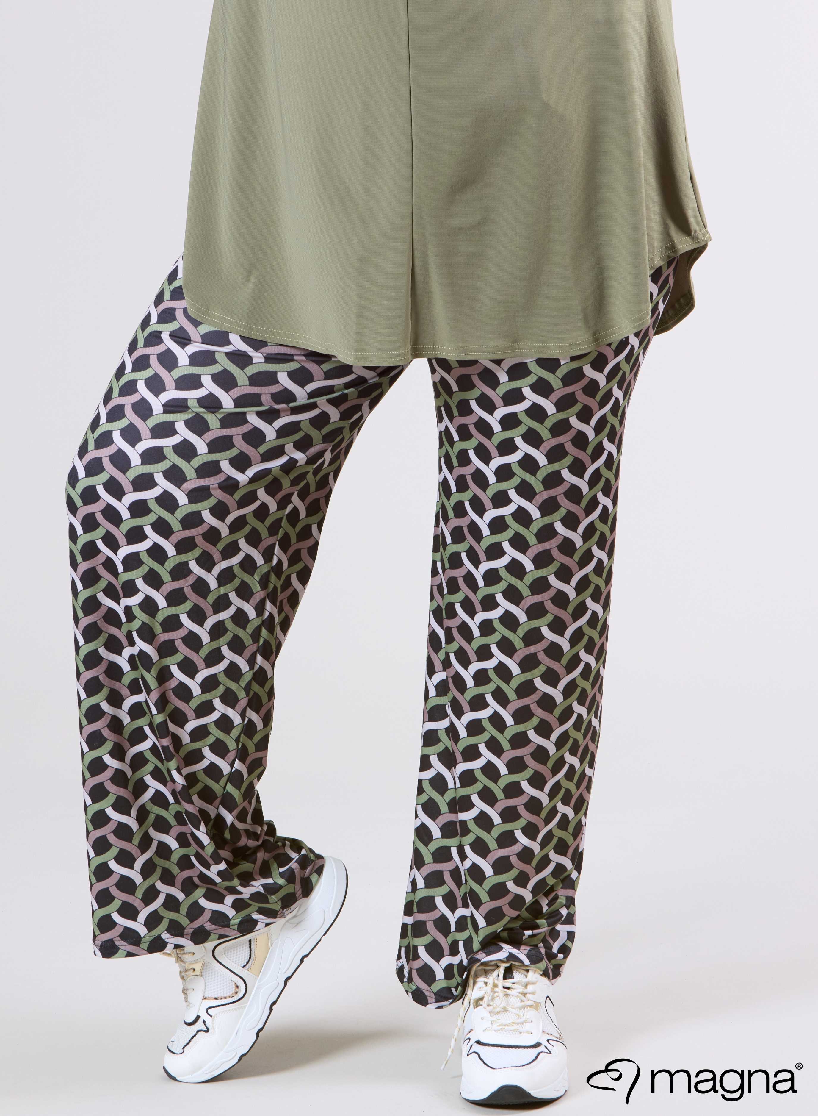 Magna Wide Leg Elastic Broek Woven Design Olijfgroen Zand