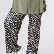 Magna Wide Leg Elastic Broek Woven Design Olijfgroen Zand