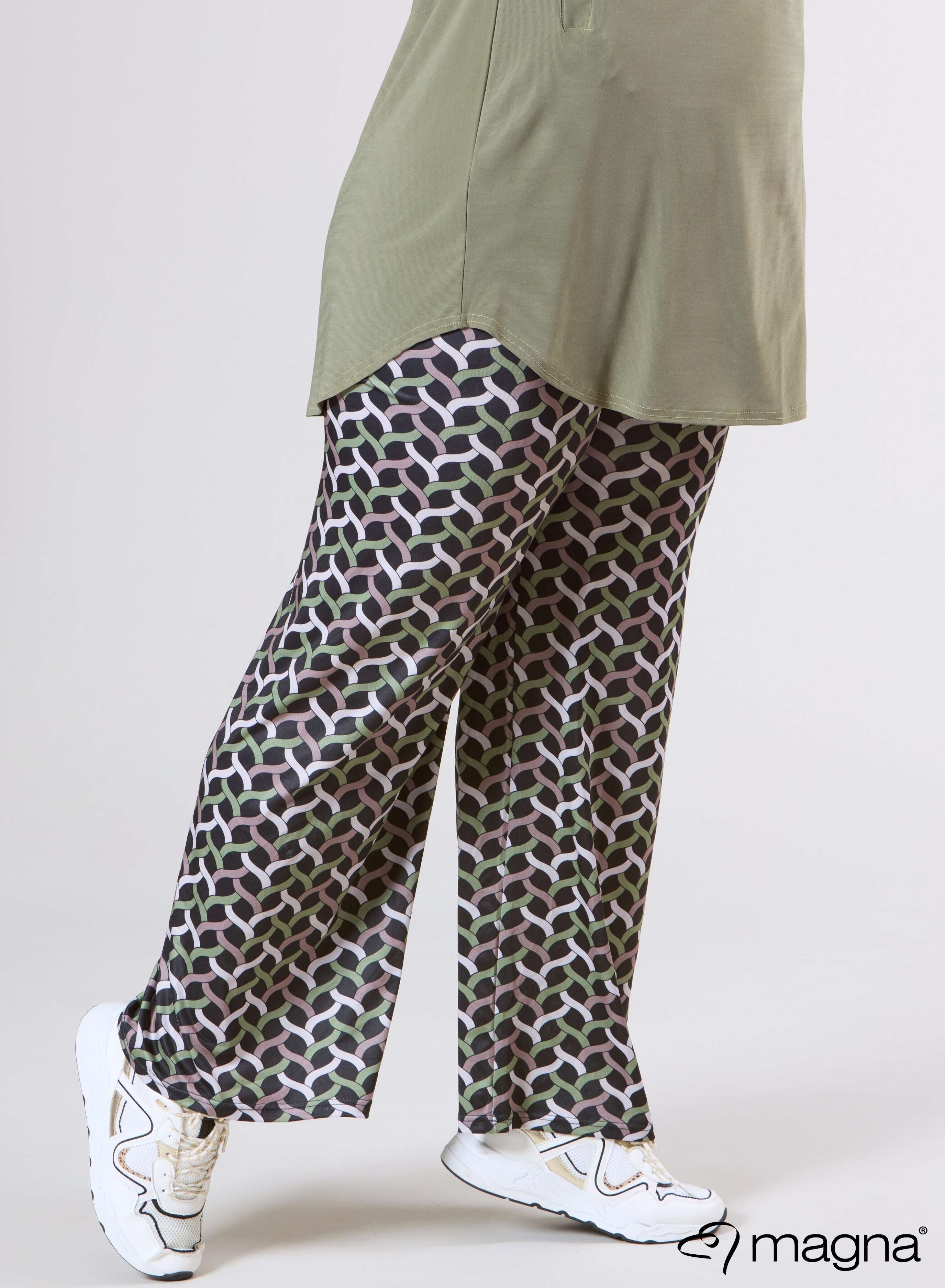 Magna Wide Leg Elastic Broek Woven Design Olijfgroen Zand