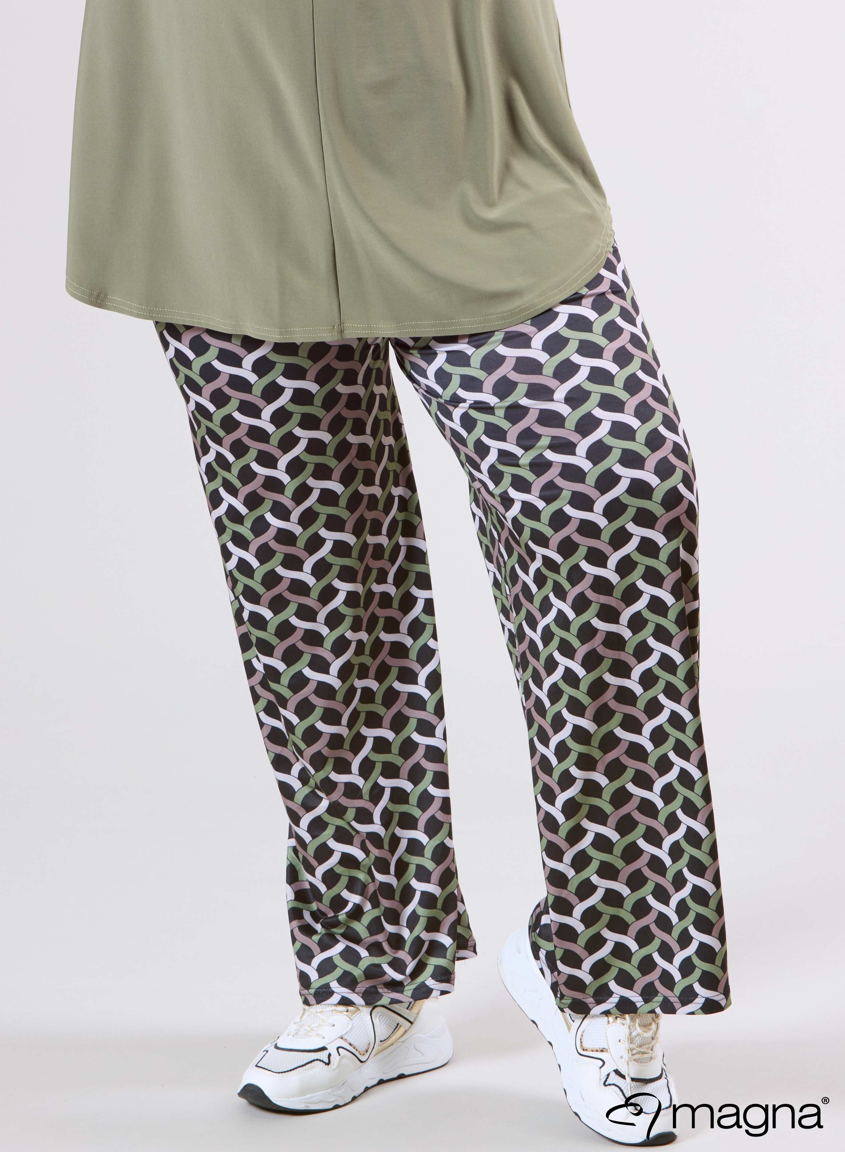 Magna Wide Leg Elastic Broek Woven Design Olijfgroen Zand