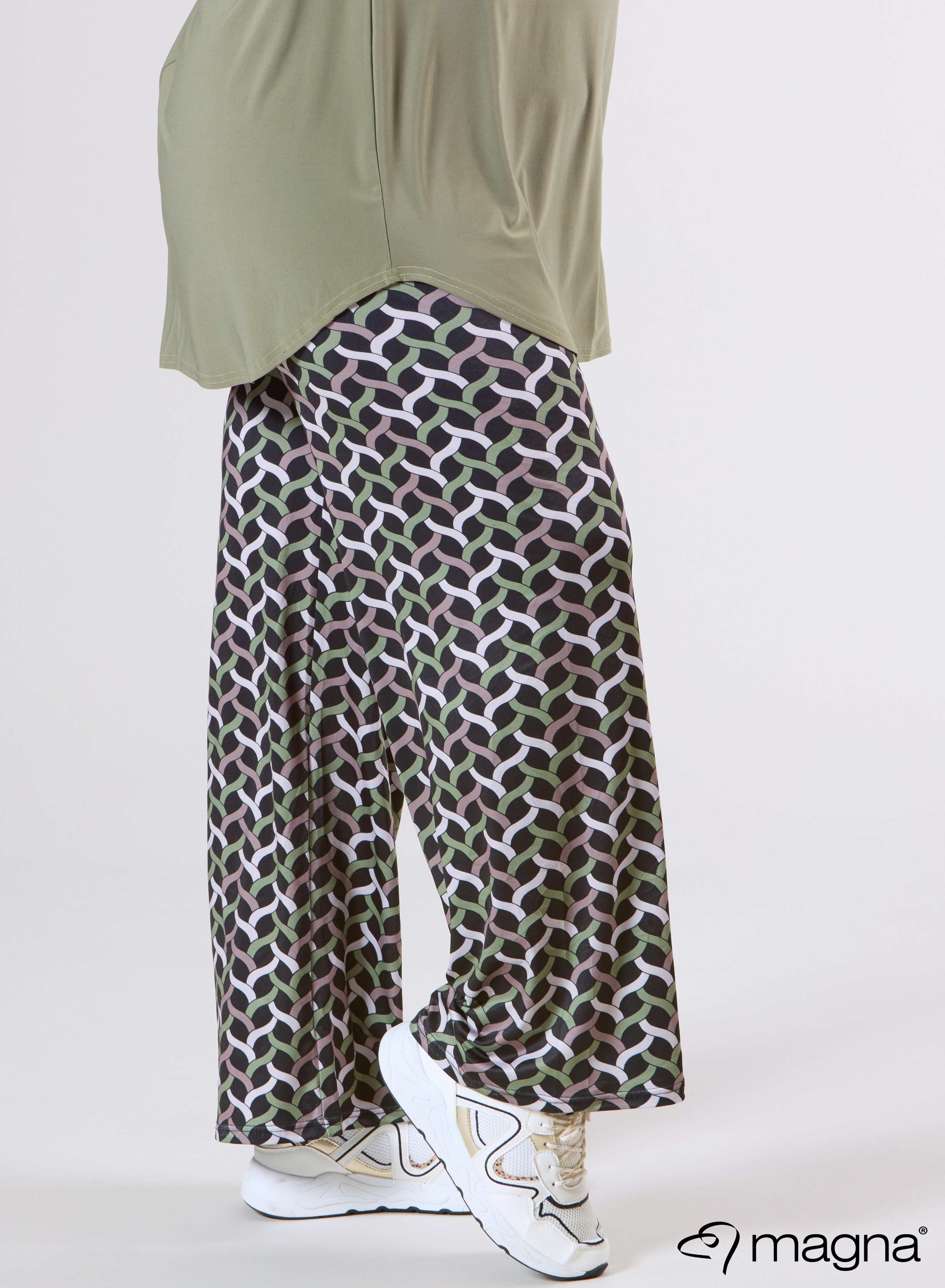 Magna Wide Leg Elastic Broek Woven Design Olijfgroen Zand