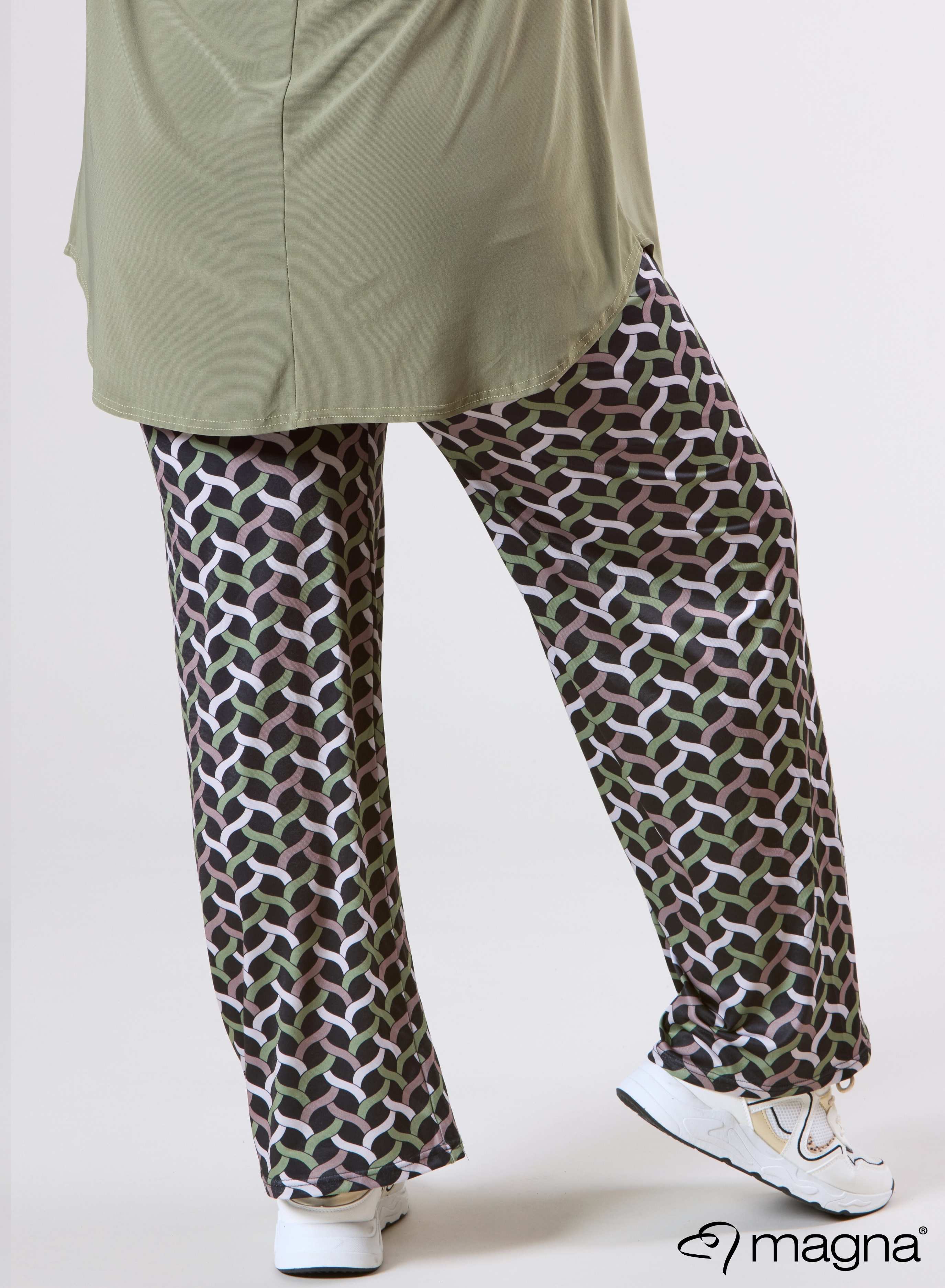 Magna Wide Leg Elastic Broek Woven Design Olijfgroen Zand