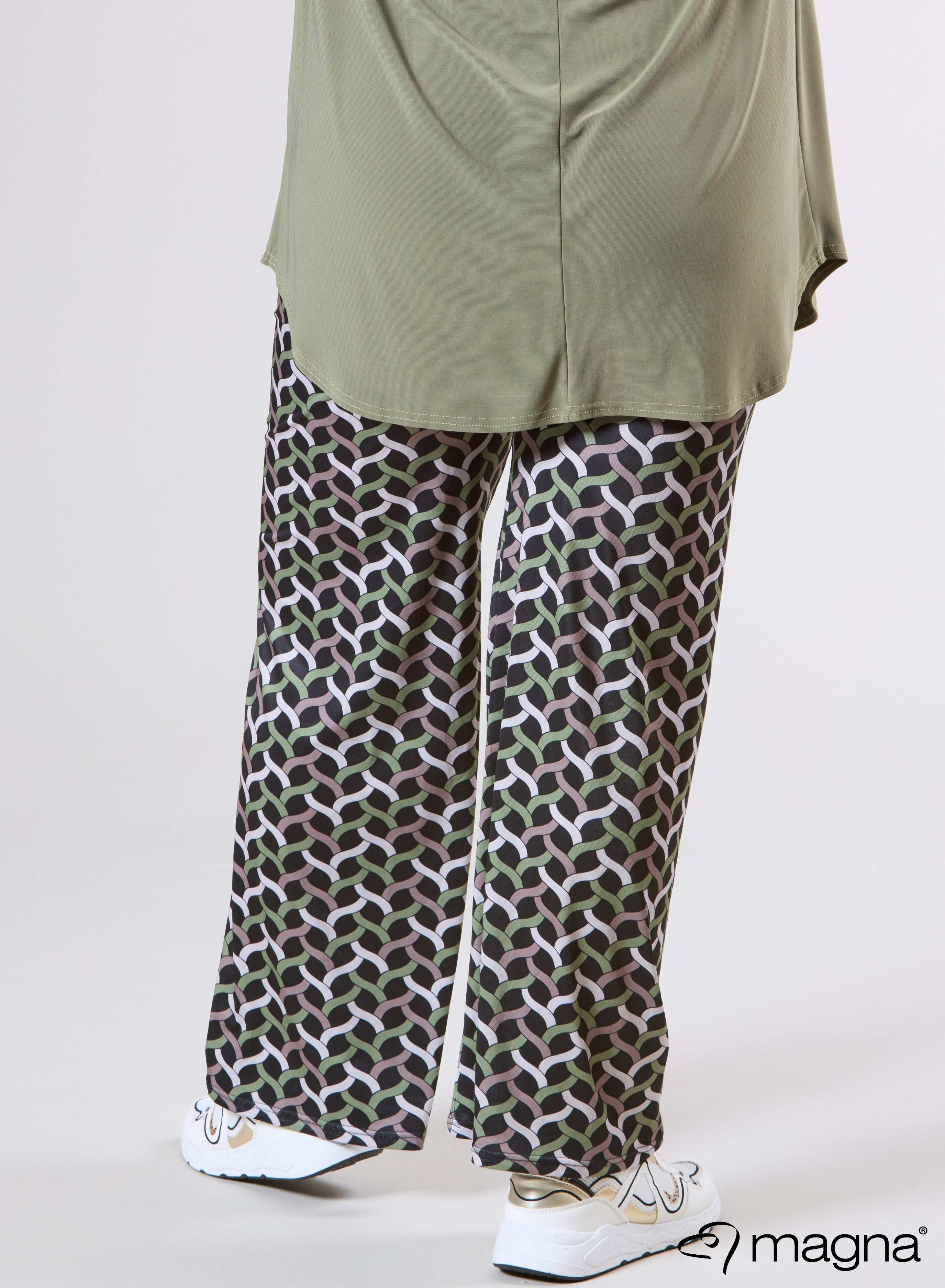 Magna Wide Leg Elastic Broek Woven Design Olijfgroen Zand