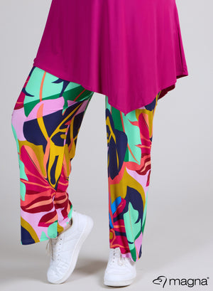 Magna Wide Leg Elastic Trouser Leaves Design Magenta Mint