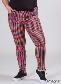 Magna Rekbare Viscose Gedrukte Broek Magenta Wijn Hexagon