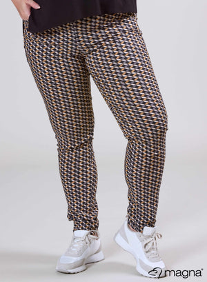 Magna Stretchy Viscose Printed Trouser Taupe Grey Hexagon
