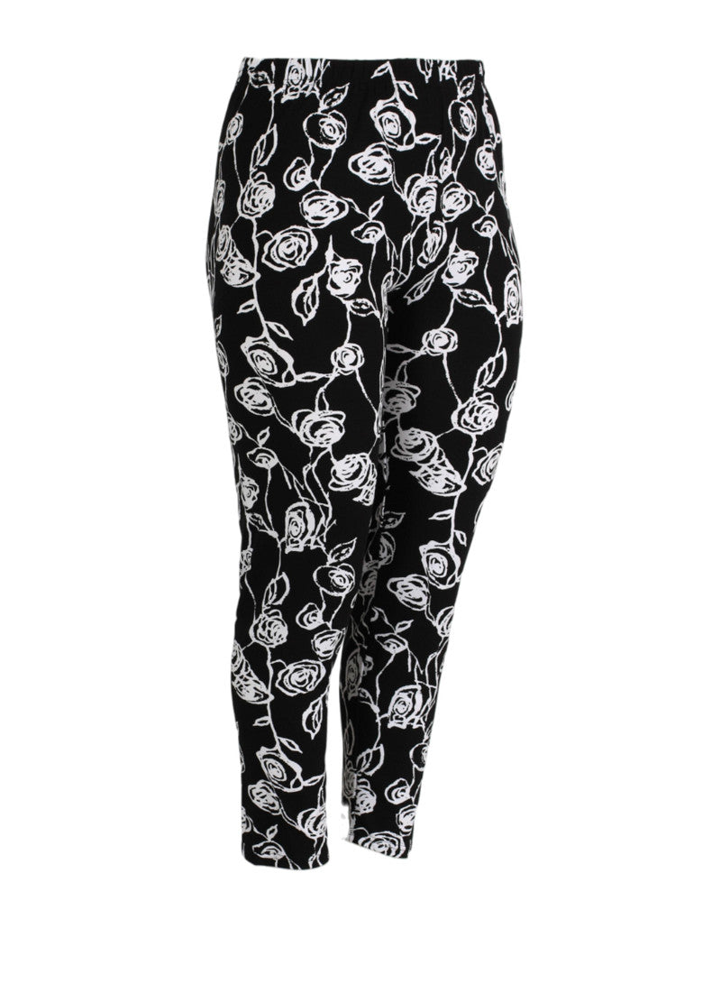 F-0031 - Viskose Bedruckte Basic Legging Blumenzeichnung Schwarz/Weiß