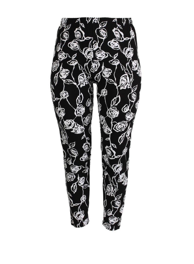 F-0031 - Viskose Bedruckte Basic Legging Blumenzeichnung Schwarz/Weiß
