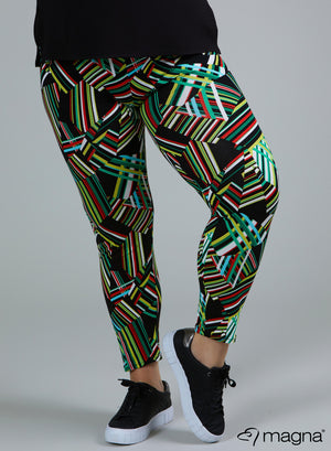 F-0031 - Viskose Bedruckte Basic Legging Linien Grün Rot Weiß