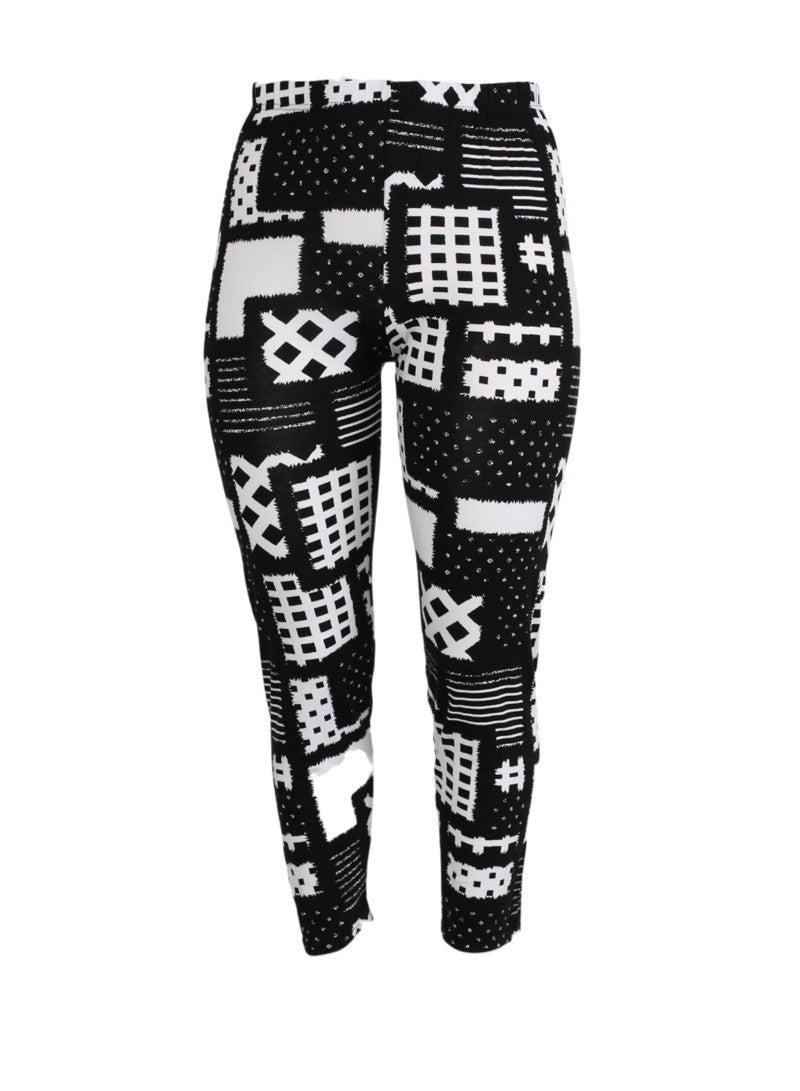 F-0031 - Viskose bedruckte Basic-Leggings, schwarz-weißer Gitterdruck