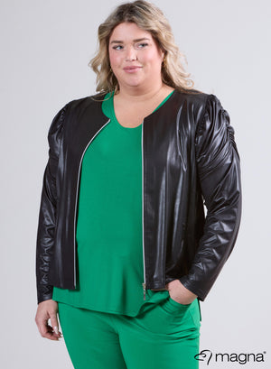 Magna – Puff-Schulter-Jacke in Lederoptik mit Reißverschluss in Schwarz