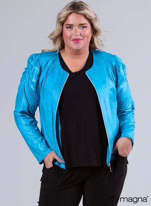Magna Puff Shoulder Leather Look Zip Jacket Turqoise