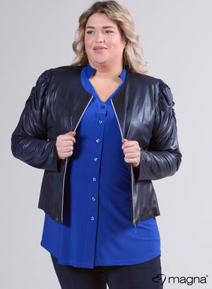 Magna Puff Shoulder Leather Look Zip Jacket Navy
