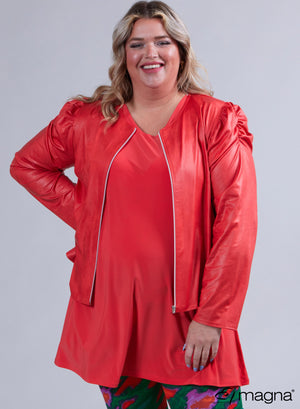 Magna Puff Shoulder Leather Look Zip Jacket Coral