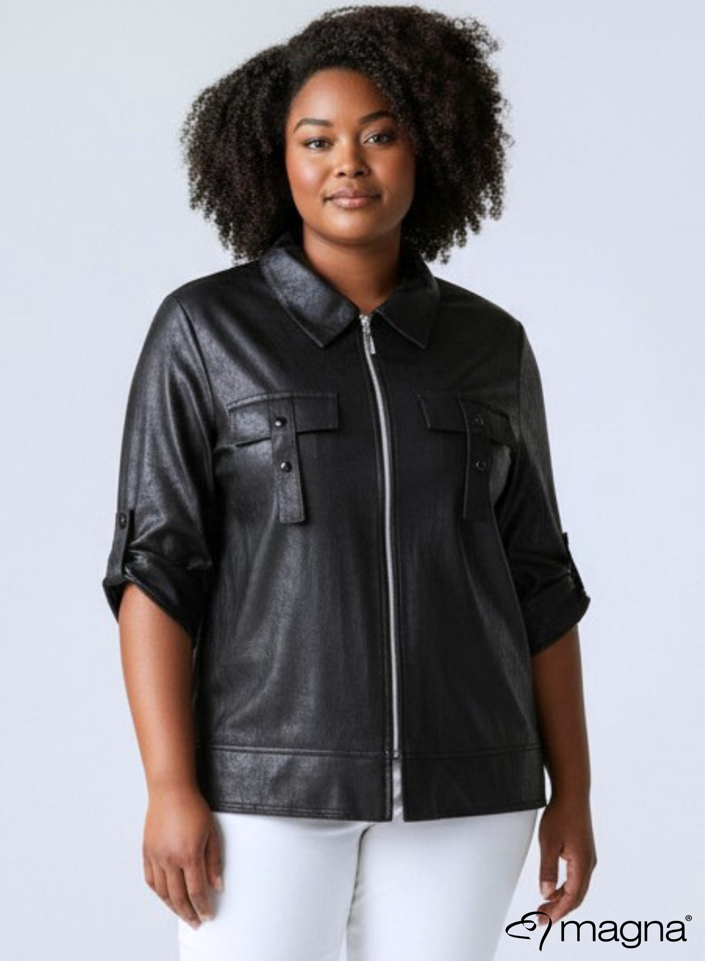 Magna Leather Look Flap Zip Jacket Black