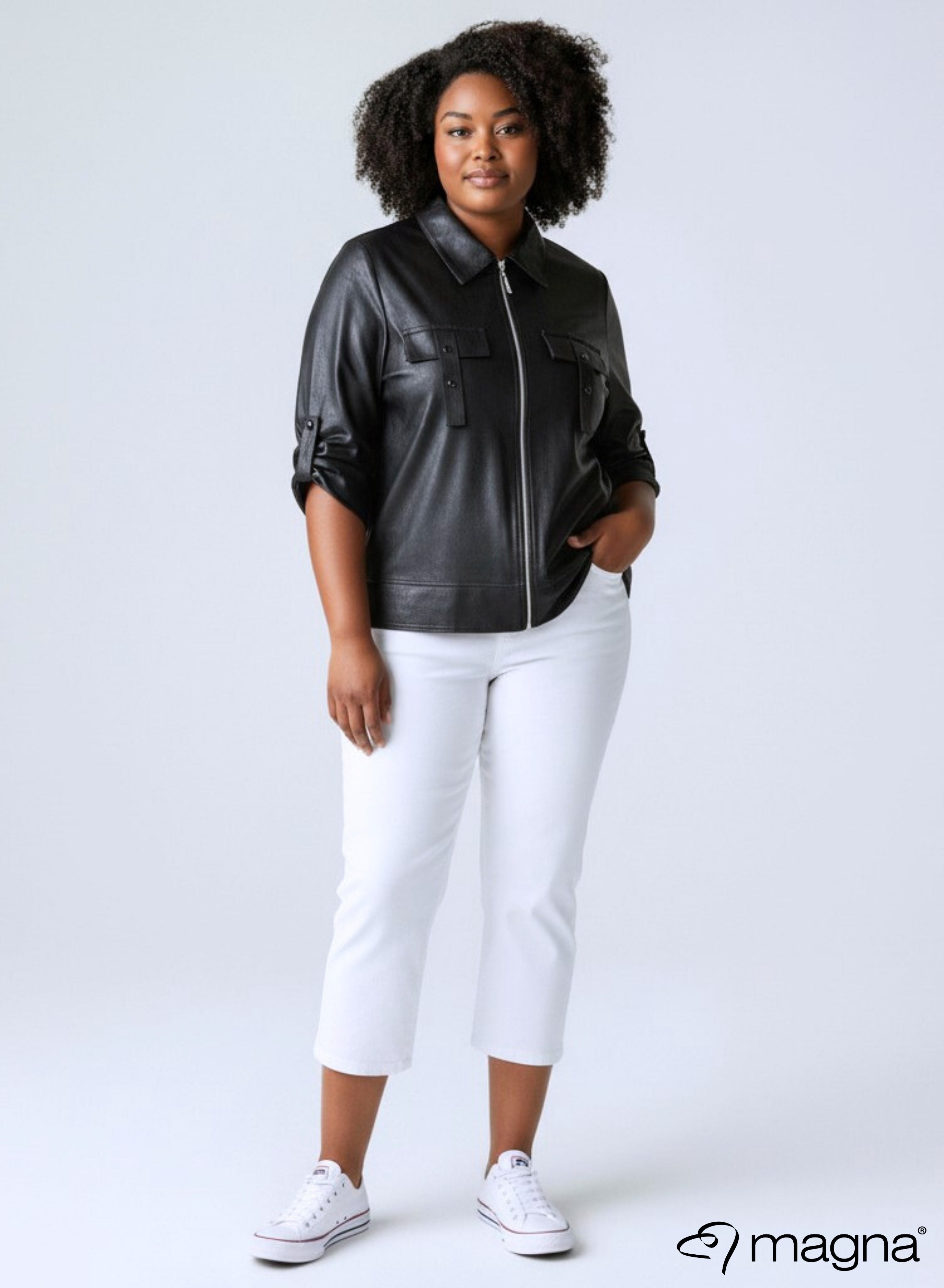 Magna Leather Look Flap Zip Jacket Black