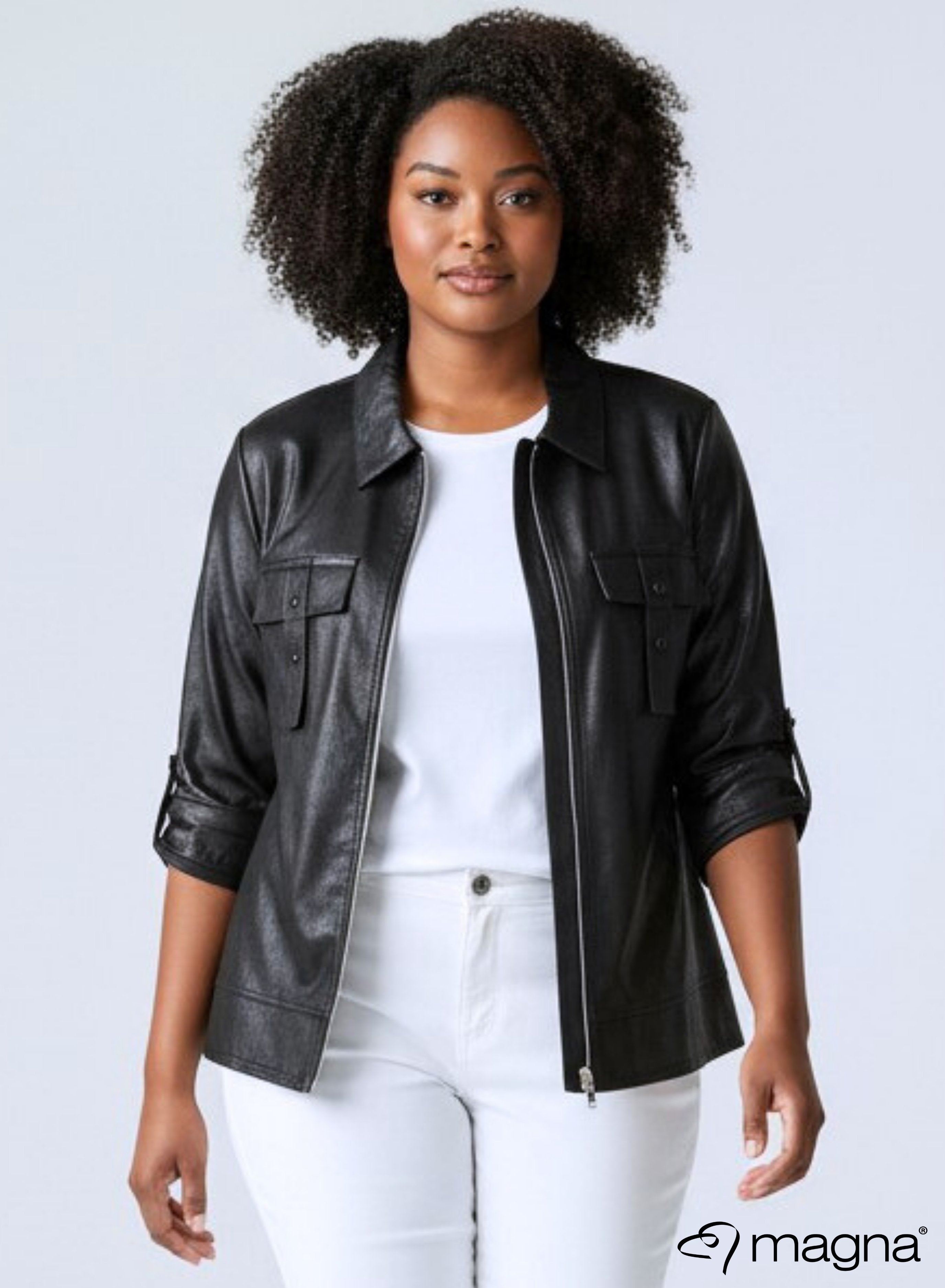 Magna Leather Look Flap Zip Jacket Black