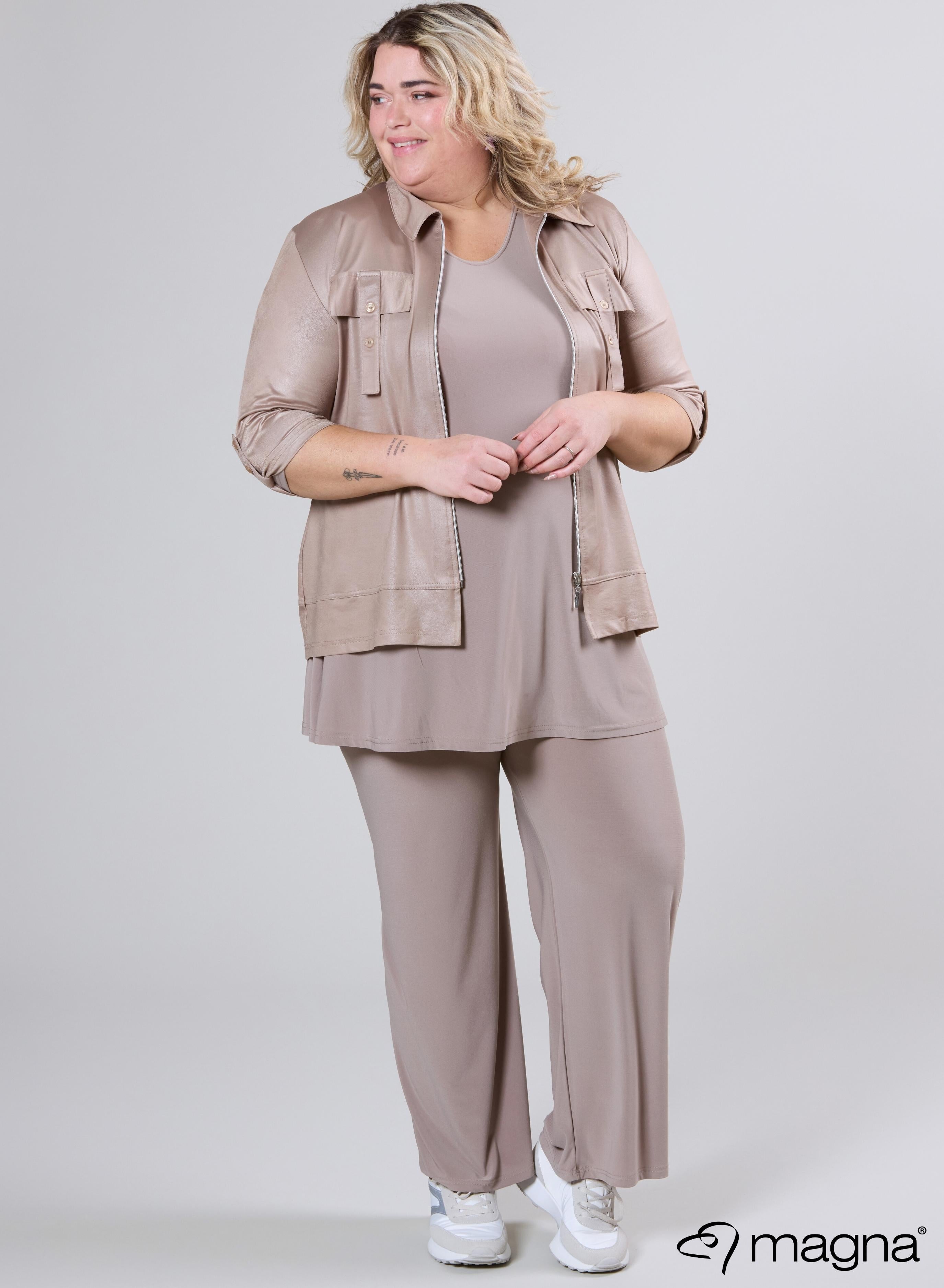 Magna Leather Look Flap Zip Jacket Sand