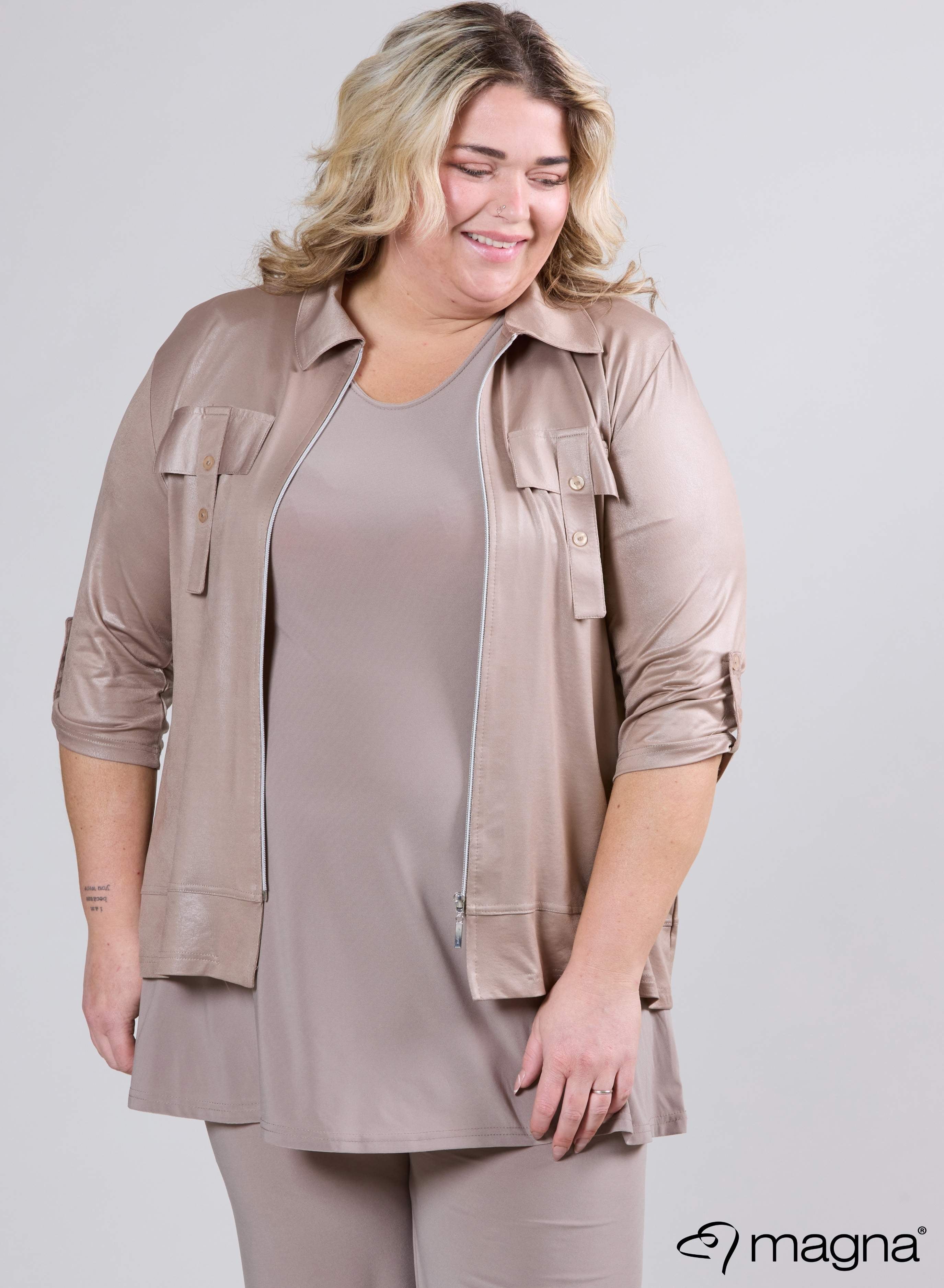 Magna Leather Look Flap Zip Jacket Sand