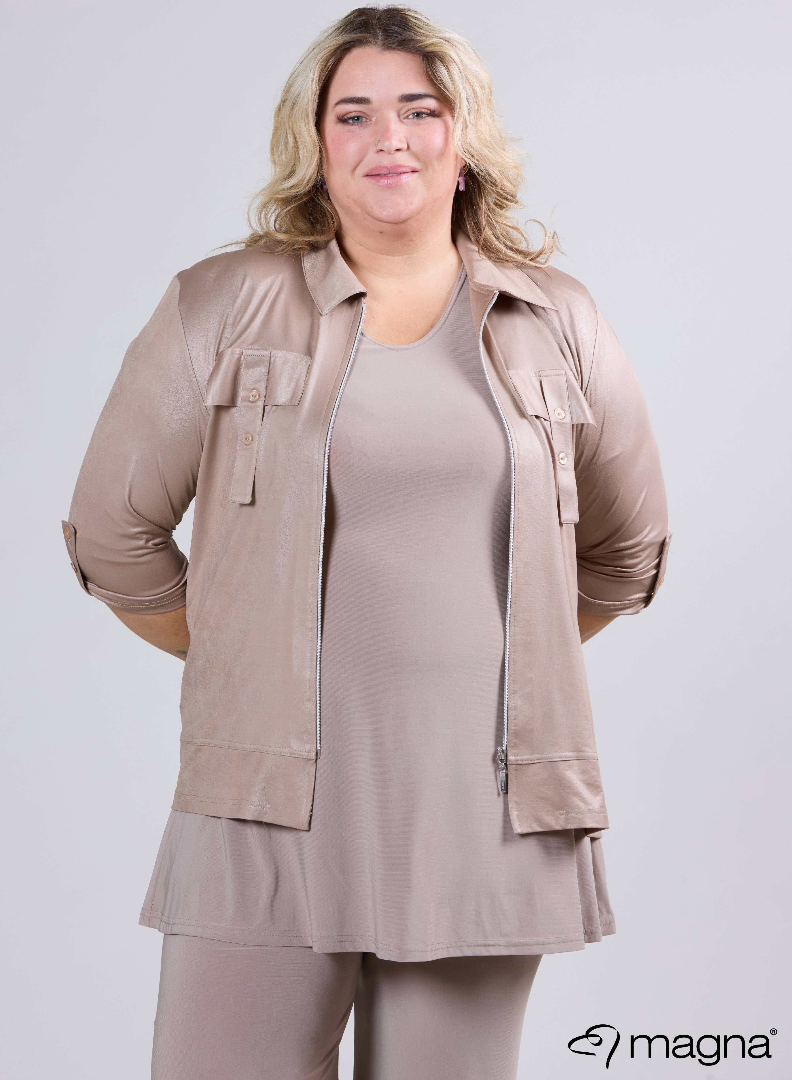 Magna Leather Look Flap Zip Jacket Sand