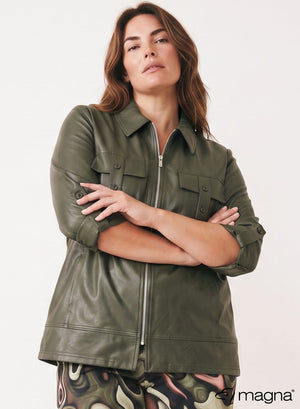 Magna Leather Look Flap Zip Jacket Olive Green
