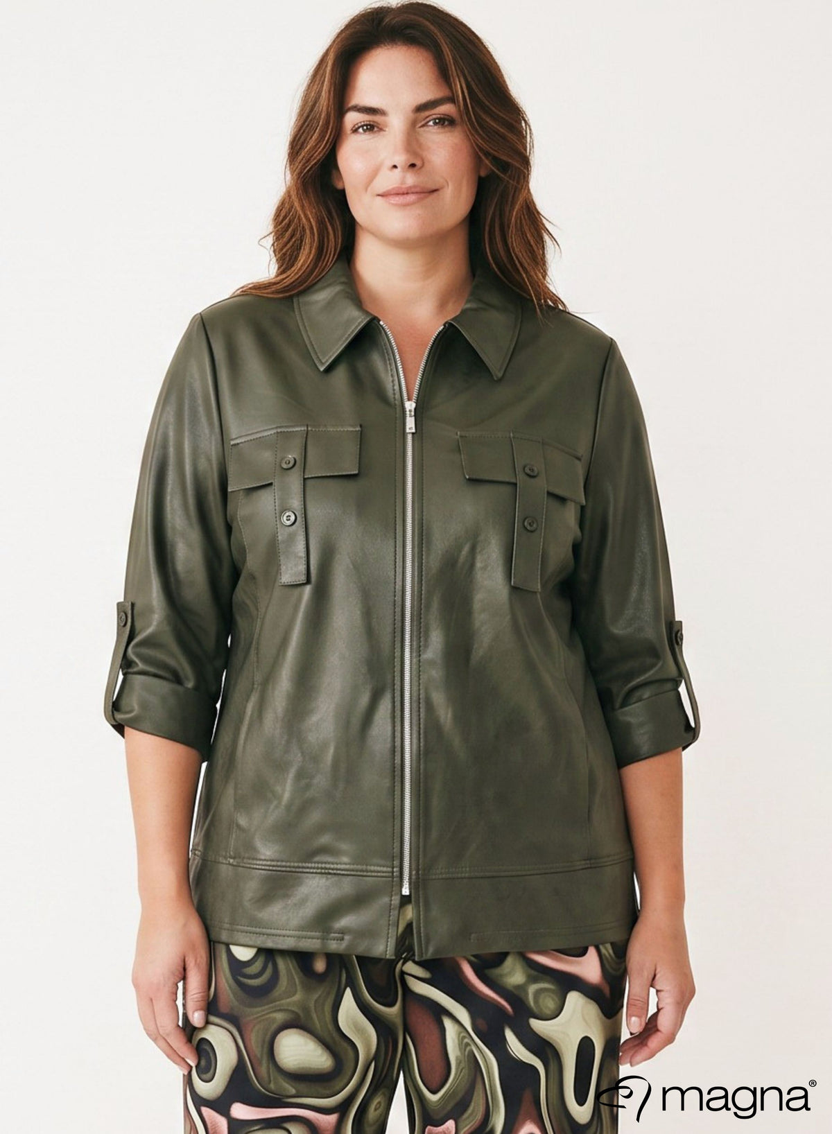 Magna Leather Look Flap Zip Jacket Olive Green
