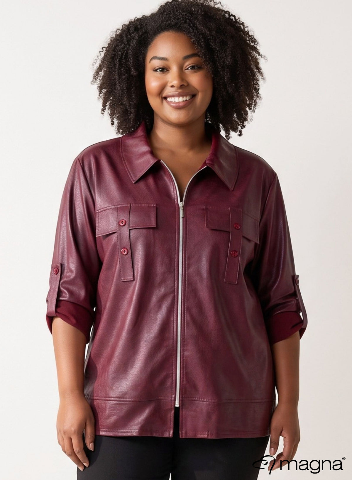 Magna Jacke mit Lederoptik, Reißverschluss und Klappe Weinrot