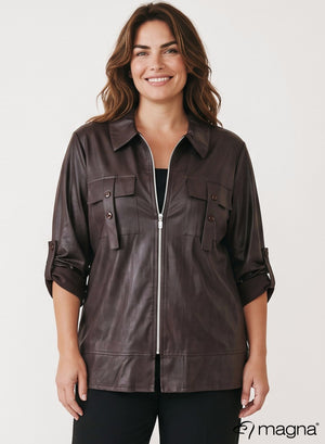 Magna Leren Look Flap Ritssluiting Jas Bruin