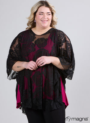 Magna Burnout Rosen Print Poncho Schwarz