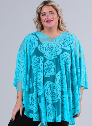 Magna Burnout Rosen Print Poncho Aqua