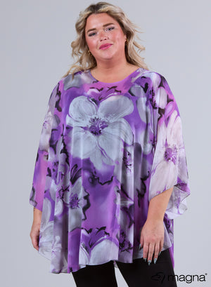 Magna Bedruckter Chiffon-Poncho mit großer lila Blume