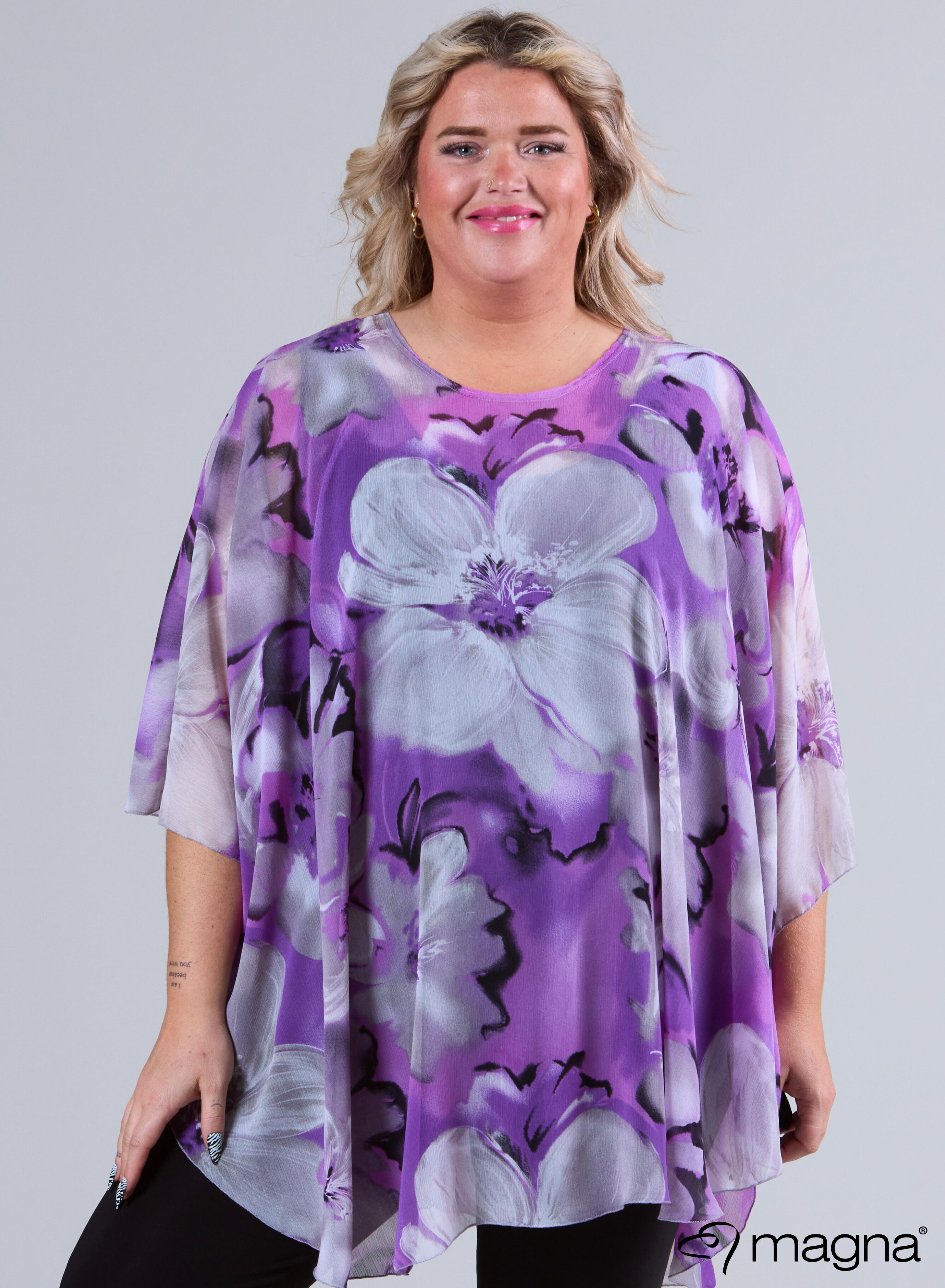 Magna Printed Chiffon Poncho Big Purple Flower