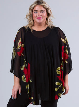 Magna Floral Chiffon Poncho Rood