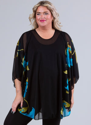 Magna Floral Chiffon Poncho Aqua