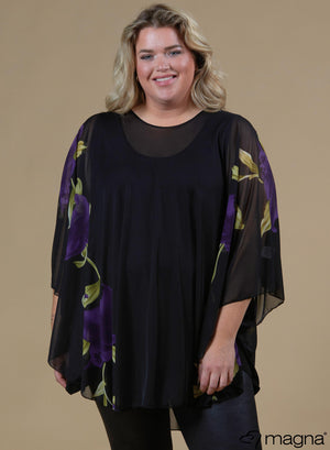 Magna Floral Chiffon Poncho Donkerpaars