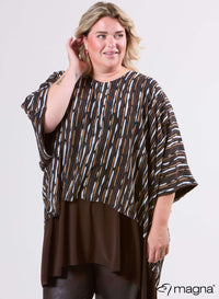 Magna Printed Chiffon One Size Dubble Layer Poncho Stripe Pattern Brown