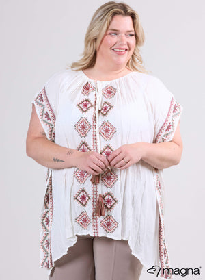 M-9003 - Stickerei Leichter Viskose-Poncho Weiß