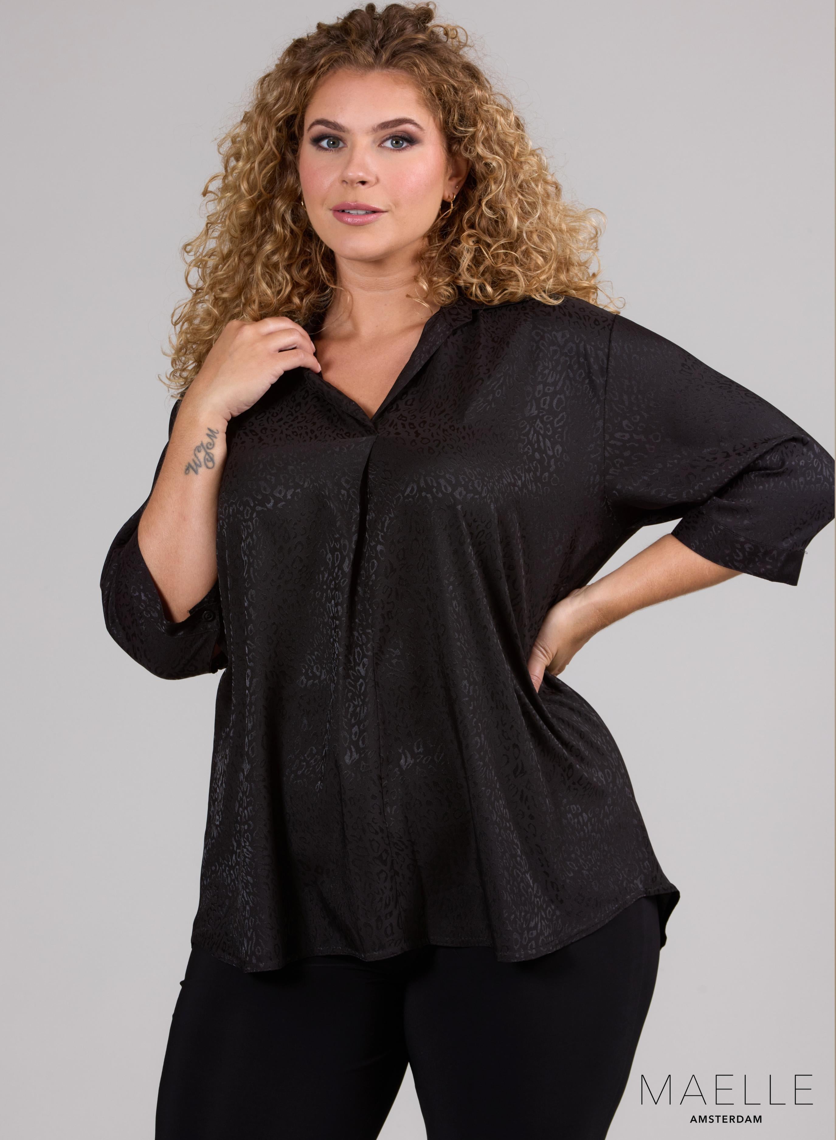Maelle Seidige Luftige Bluse Ton in Ton Gepard Schwarz