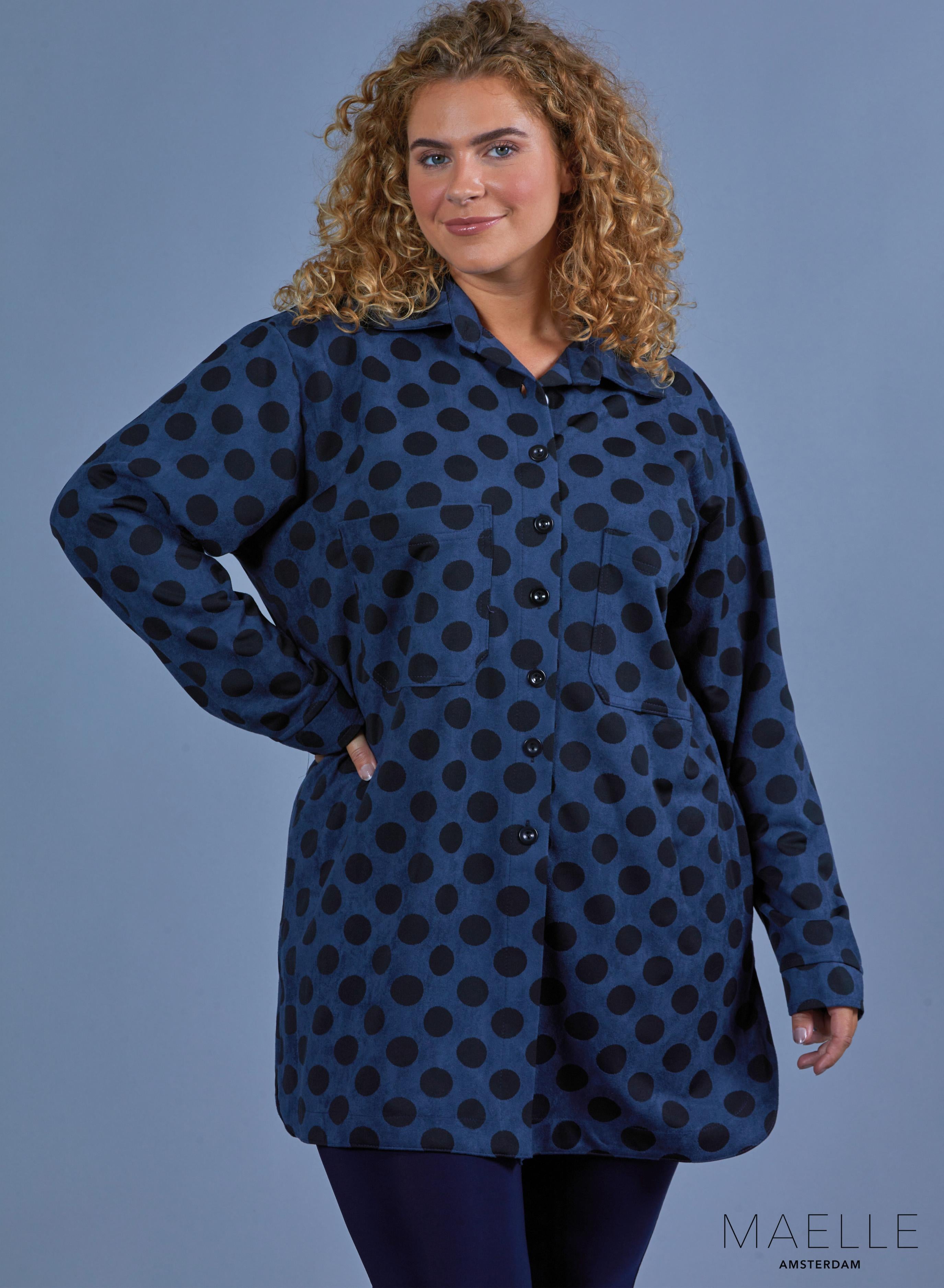 Maelle Oversized Button Blouse Suede Feel Dots Blue