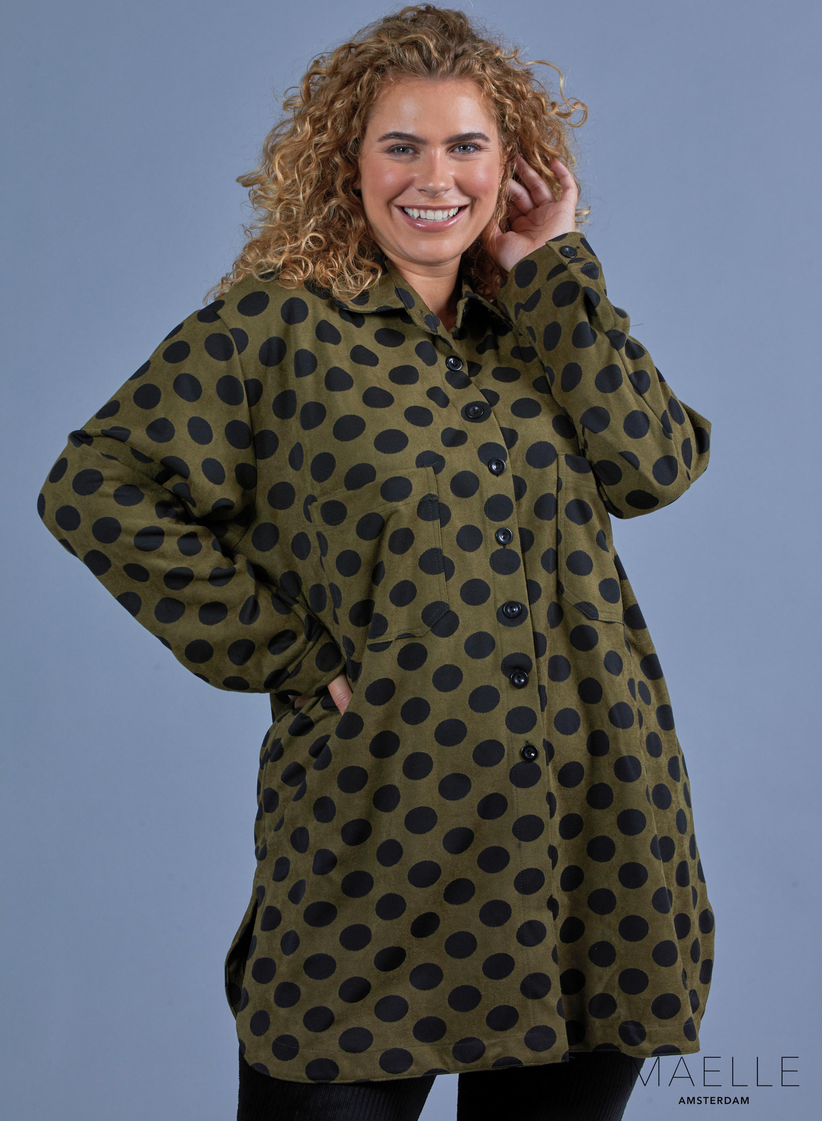 Maelle Oversized Button Blouse Suede Feel Dots Green