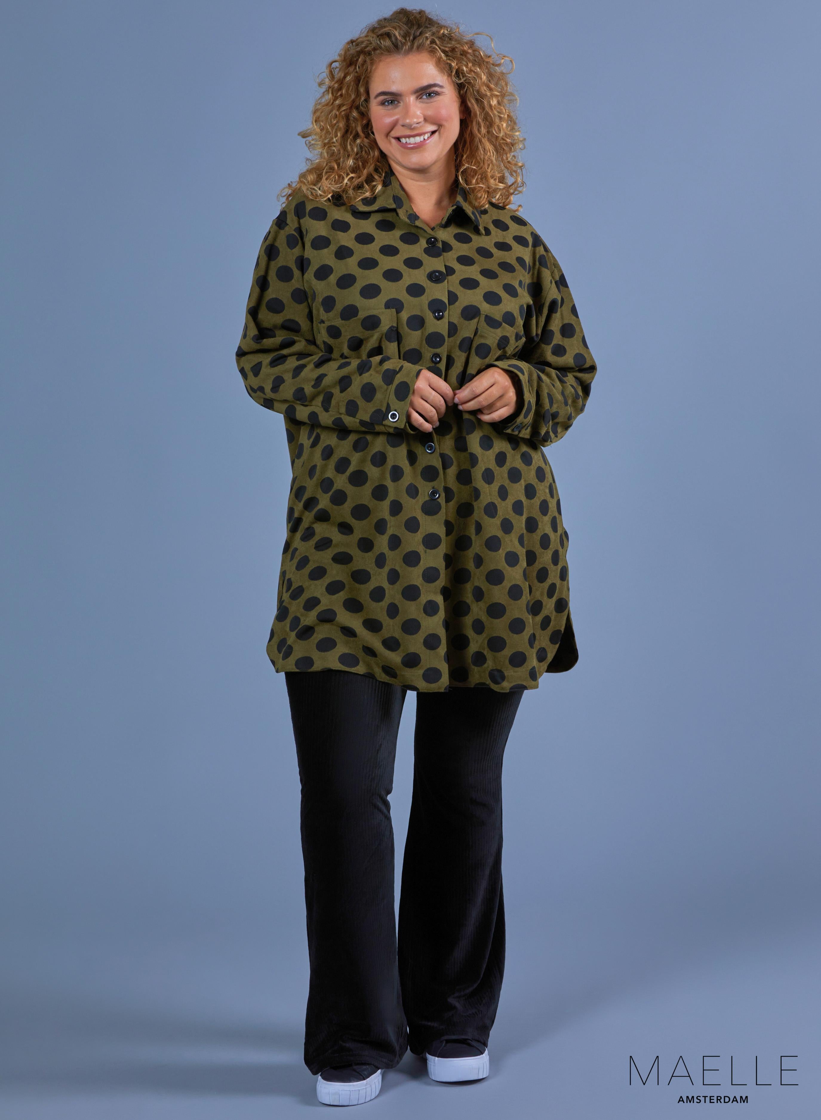 Maelle Oversized Button Blouse Suede Feel Dots Green