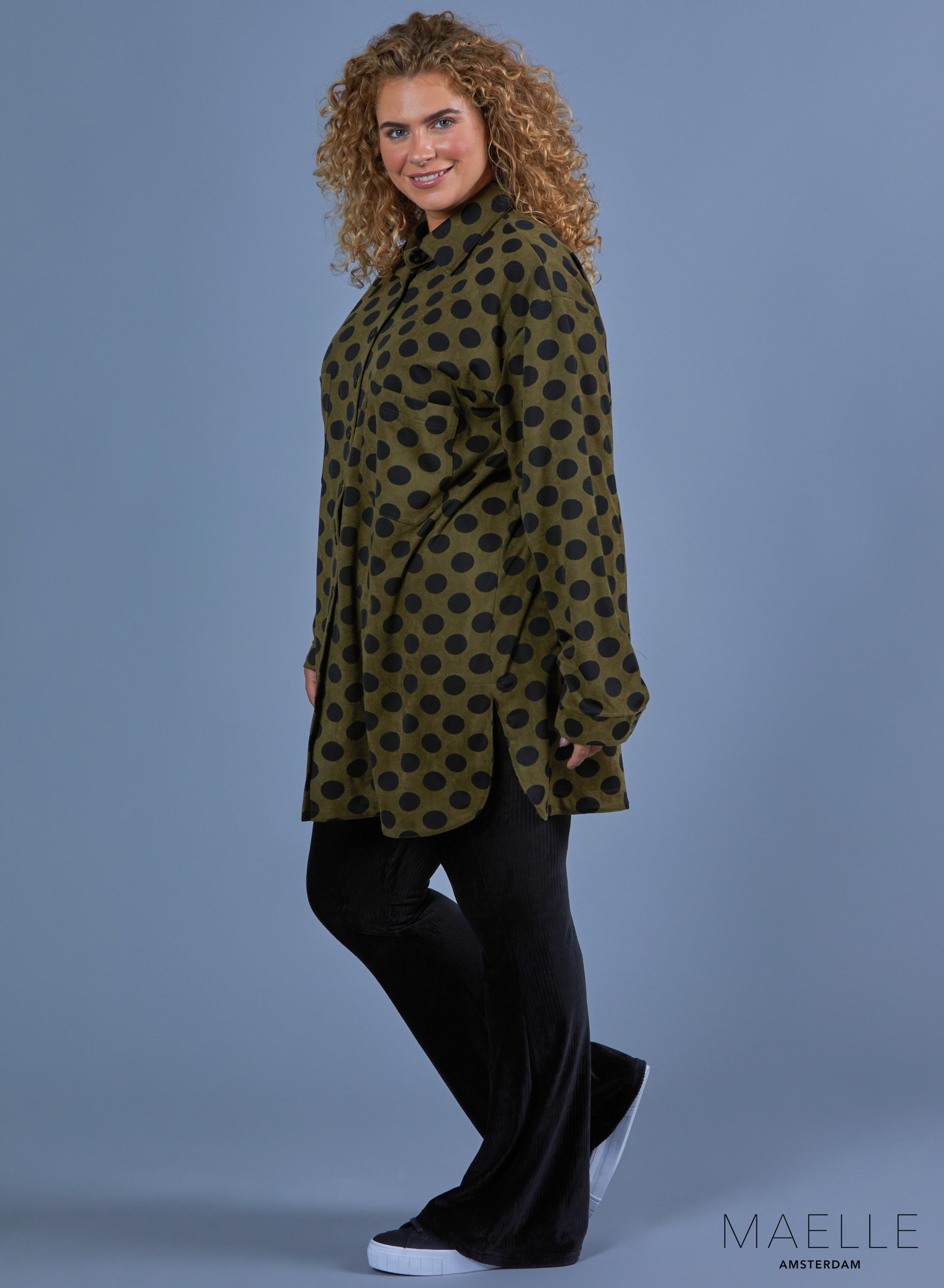 Maelle Oversized Button Blouse Suede Feel Dots Green