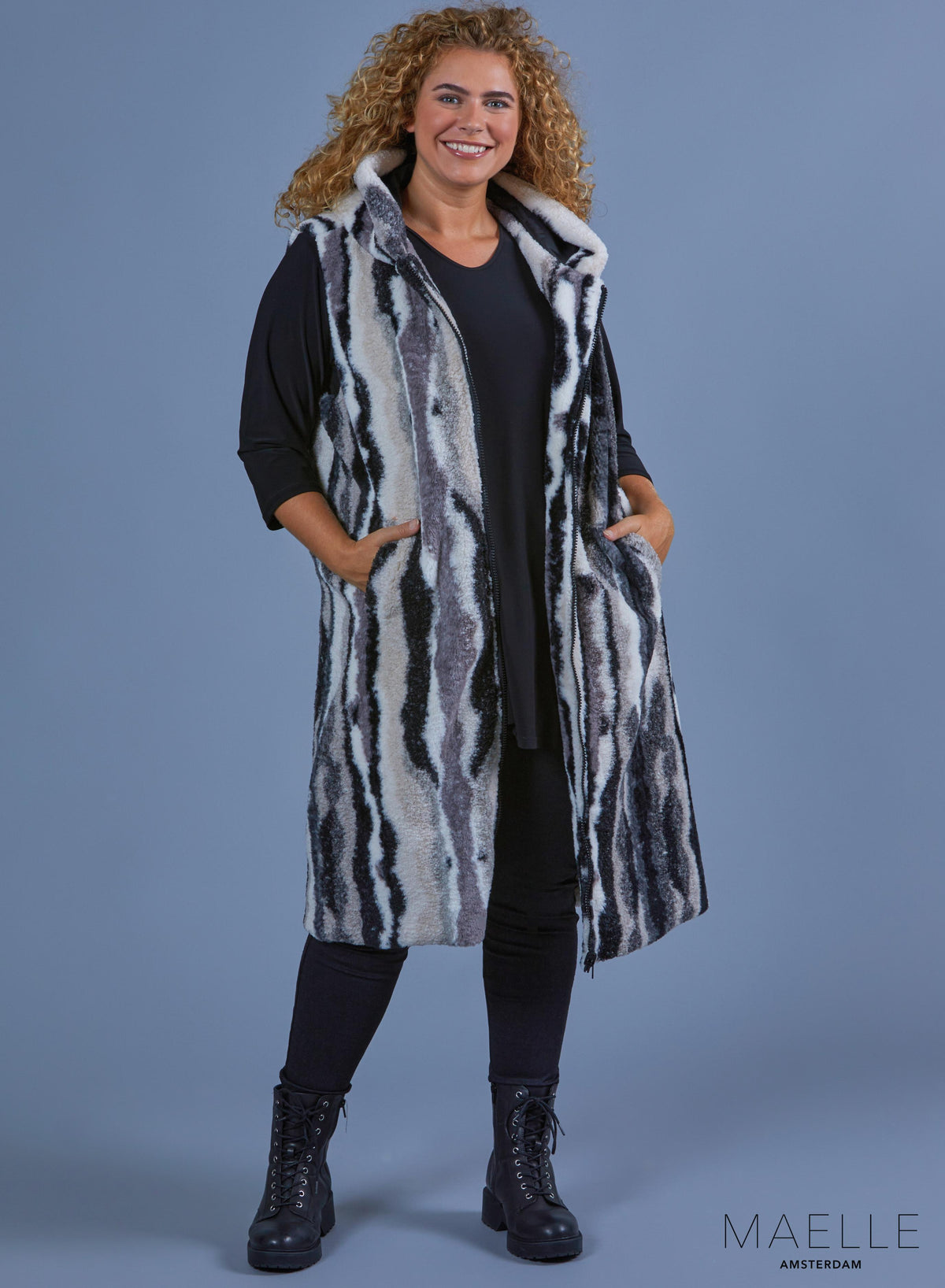 ME-JA-1004 - Bedruckte Teddy-Langjacke BW Mixed Zebra Animal