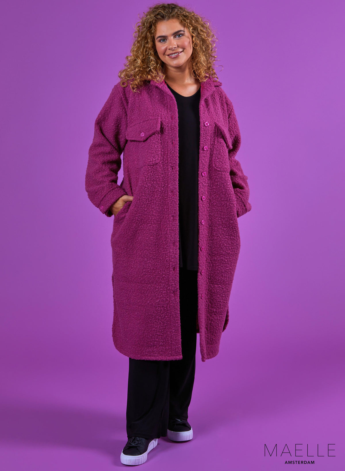 Maelle Lange Pocket Shacket Boucle Pruim