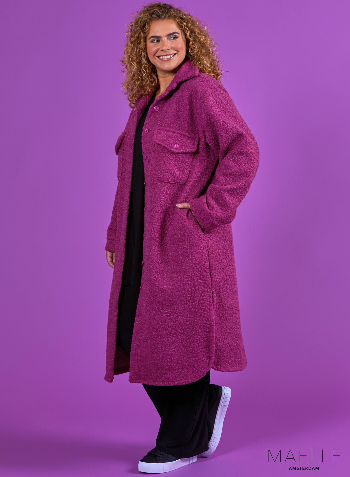 Maelle Lange Pocket Shacket Boucle Pruim