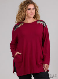 Maelle Embellished Shoulder Sweater Wine Red