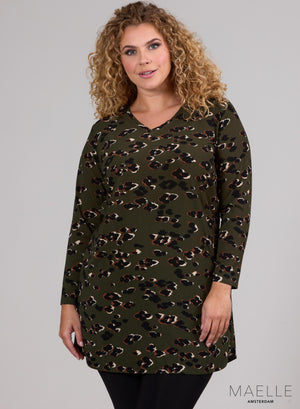 Maelle V-tuniek met luipaardprint in kaki