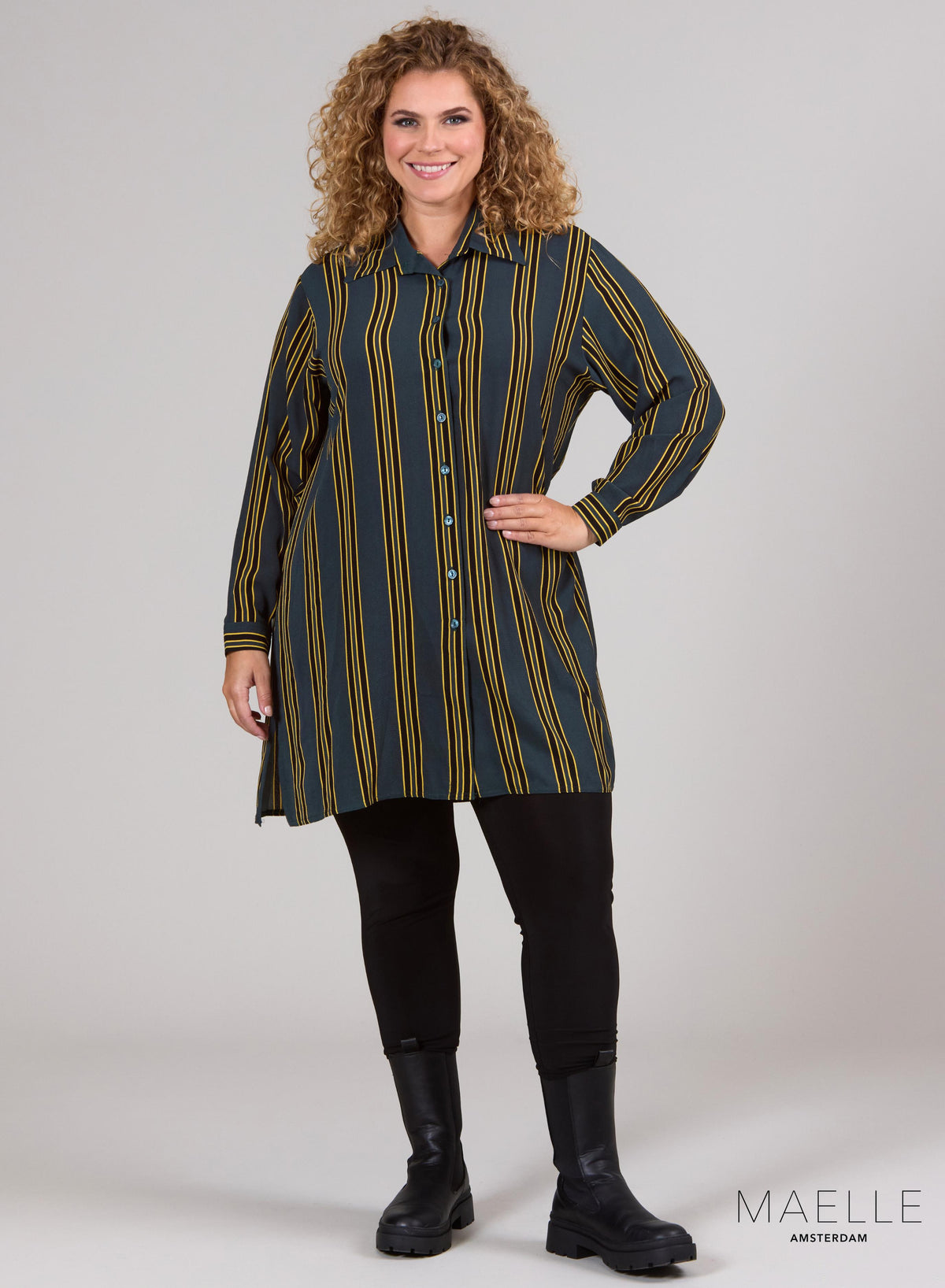 Maelle Bubble Chiffon Blouse met knoopjes, groene strepen
